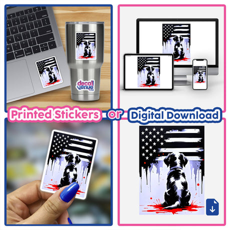 A collage featuring a laptop adorned with a sticker titled A Cute Puppy Looks At The American Flag, showcasing Decal Venue's unique vinyl stickers and digital artwork offerings.