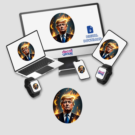 President Donald Trump digital artwork featuring a man in a suit with flames on his head, displayed on a computer monitor and laptop. Available as stickers or digital artwork.