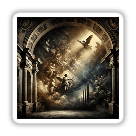 Baroque Noir - Dramatic Chiaroscuro with a Modern Edge: A painting of angels in a room, featuring a bird with wings spread and a statue of a woman holding a spear. Available as Stickers or Digital Artwork.