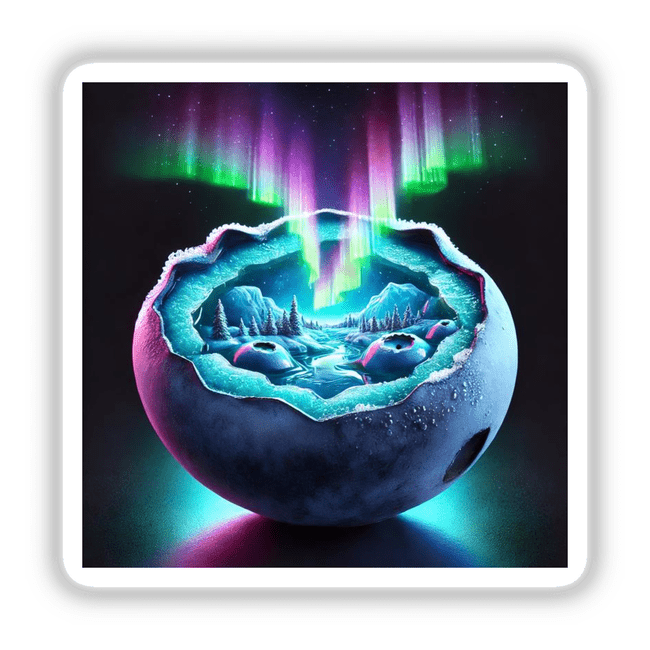 Aurora Borealis Northern Lights Inside a Blueberry: Digital artwork featuring a blue planet with vibrant aurora borealis, available as stickers or digital download from DecalVenue.