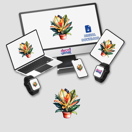 Exotic Leaves and Sansevieria Sticker | Watercolor Tropical Plant Art displayed on a laptop and monitor screen, showcasing vibrant plant designs for unique stickers or digital artwork.