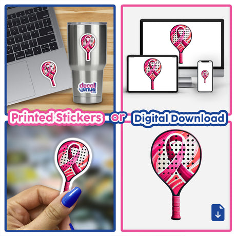 Collage of a Pickleball Paddle Pink Ribbon Breast Cancer sticker on a laptop, cup, and paddle, showcasing its versatile application. Available as stickers or digital artwork.