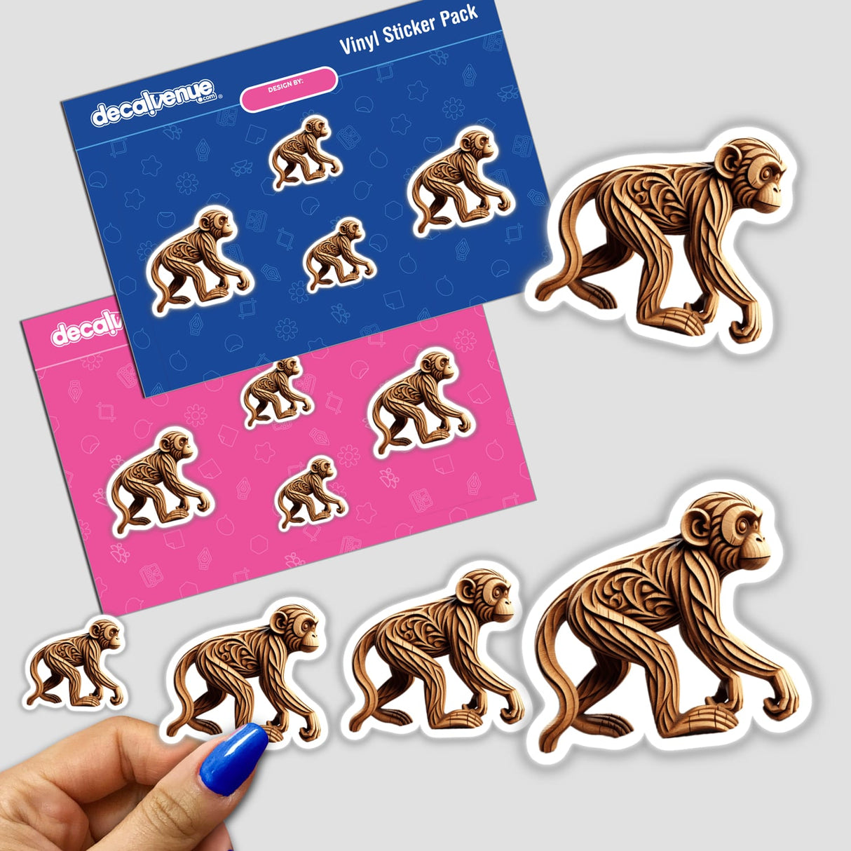 Carved Wood Monkey sticker pack featuring intricate monkey designs, available as unique stickers or digital artwork from Decal Venue.