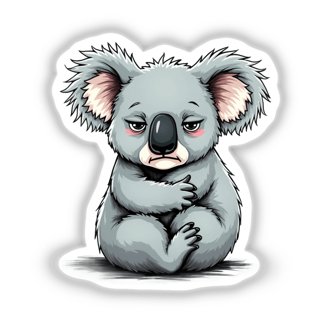 Sad Koala Cartoon Character: A detailed cartoon illustration of a melancholic koala bear, available as stickers or digital artwork. The koala features expressive eyes and a drooping mouth highlighting its sad demeanor.