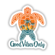 Good Vibes Only Tropical Sunset Sea Turtle Design sticker featuring a cartoon turtle with palm trees and sun, available as both a sticker and digital artwork from Decal Venue.