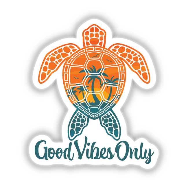 Good Vibes Only Tropical Sunset Sea Turtle Design sticker featuring a cartoon turtle with palm trees and sun, available as both a sticker and digital artwork from Decal Venue.