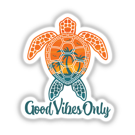 Good Vibes Only Tropical Sunset Sea Turtle Design sticker featuring a cartoon turtle with palm trees and sun, available as both a sticker and digital artwork from Decal Venue.