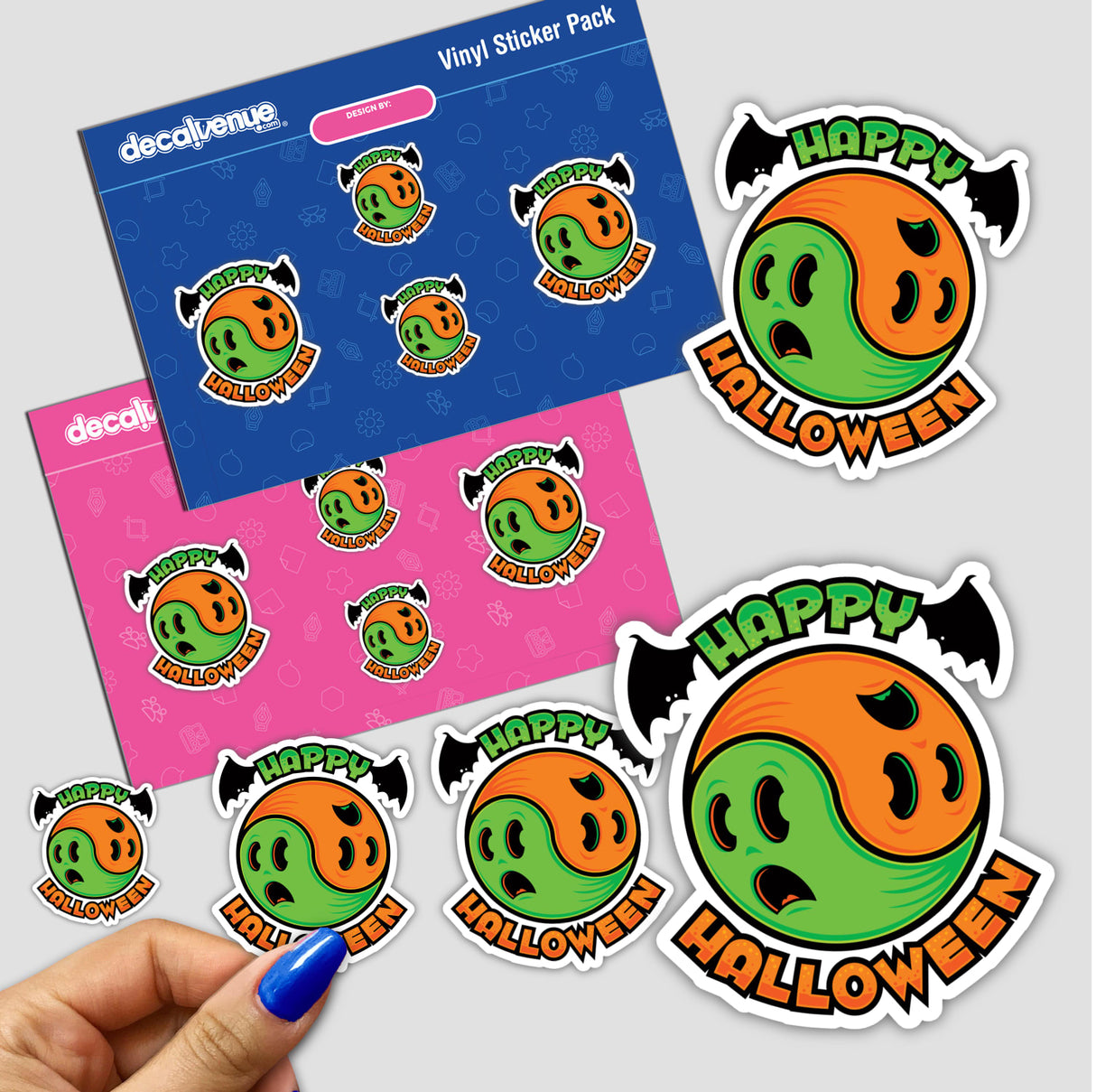 Happy Halloween Ghost Yin-Yang sticker pack held in hand, featuring various yin-yang designs. Available as a pack or single stickers, perfect for Halloween-themed decoration.