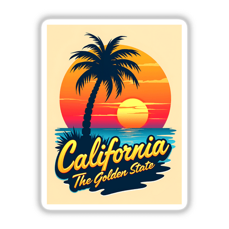 California The Golden State poster featuring a palm tree silhouette against a sunset over water, available as stickers or digital artwork from Decal Venue.