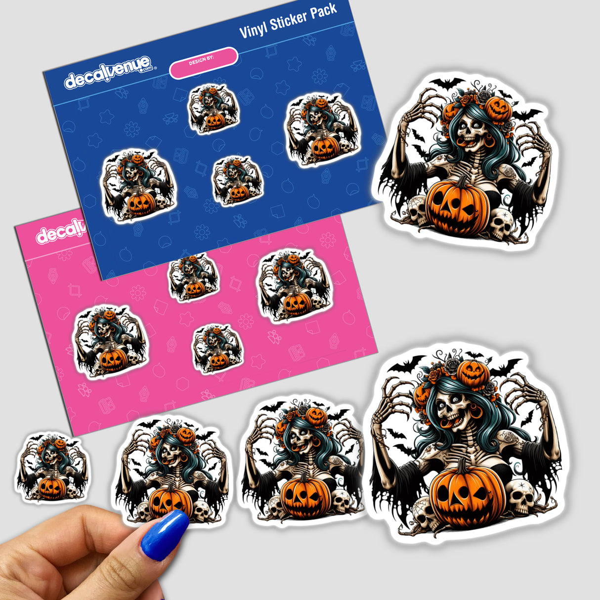 Delirious Halloween Skeleton Zombie Mama sticker featuring a skeleton amid pumpkins and bats, held by a hand. Available as both stickers and digital artwork from Decal Venue.