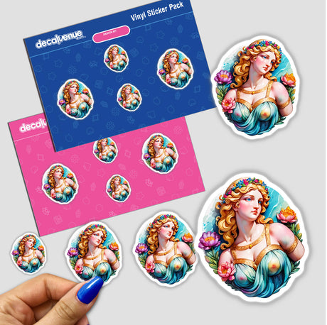 Sticker pack featuring a marble statue of Aphrodite with flowers in her hair, held in a hand.