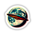 Sticker featuring a cartoon UFO flying in front of a large moon, with a colorful explosion behind it, available as a unique sticker or digital artwork from Decal Venue.