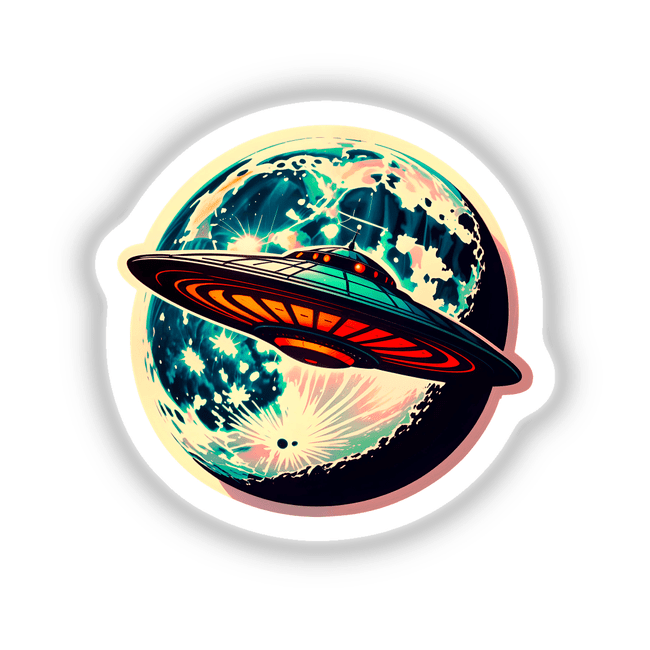 Sticker featuring a cartoon UFO flying in front of a large moon, with a colorful explosion behind it, available as a unique sticker or digital artwork from Decal Venue.