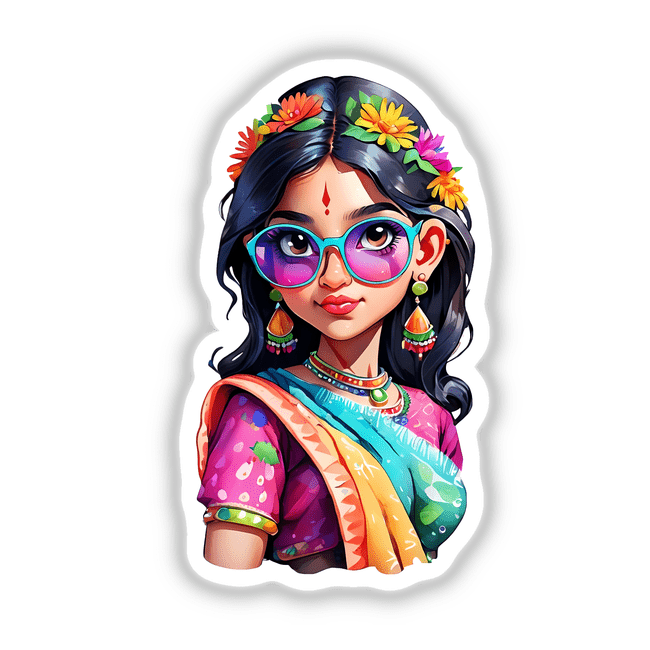 Vibrant Indian Girl Sticker - Colorful Sunglasses Illustration: A cartoon woman with sunglasses, flowers in her hair, and a flower crown. Available as stickers or digital artwork.