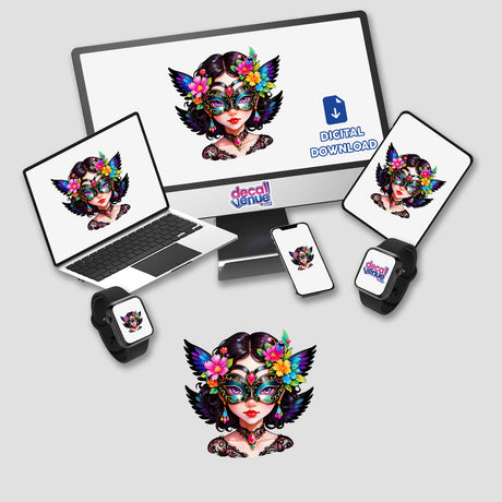 Divine Masquerade: Angelic Woman in Intricate Mask Sticker displayed on a computer monitor and laptop screen, featuring a detailed cartoon of a masked woman adorned with flowers.