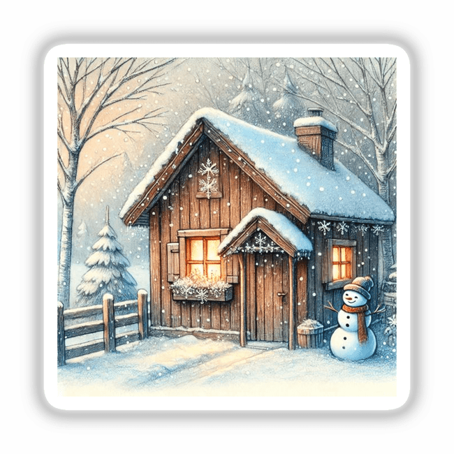 Cozy Winter Cabin in the Snow: A snowman with a scarf and hat stands in front of a house, surrounded by snow-covered trees. Available as stickers or digital artwork.