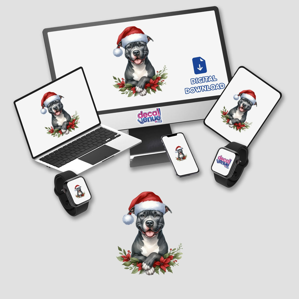 Poinsettia Pitbull Santa Dog: A digital artwork featuring a cartoon pitbull wearing a Santa hat, displayed on a laptop and monitor, available as stickers from Decal Venue.