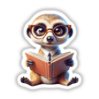 Cartoon meerkat with glasses, reading an open book. Available as stickers or digital artwork.