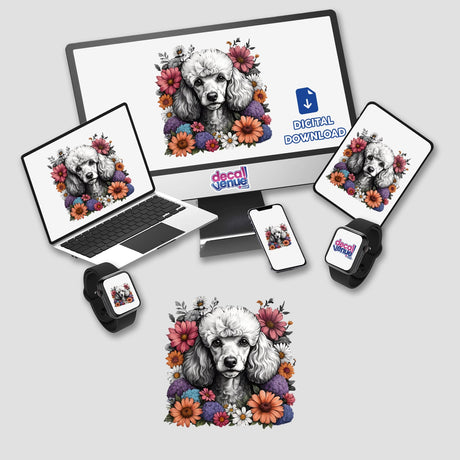 White Poodle Dog Portrait Floral Accents PA35