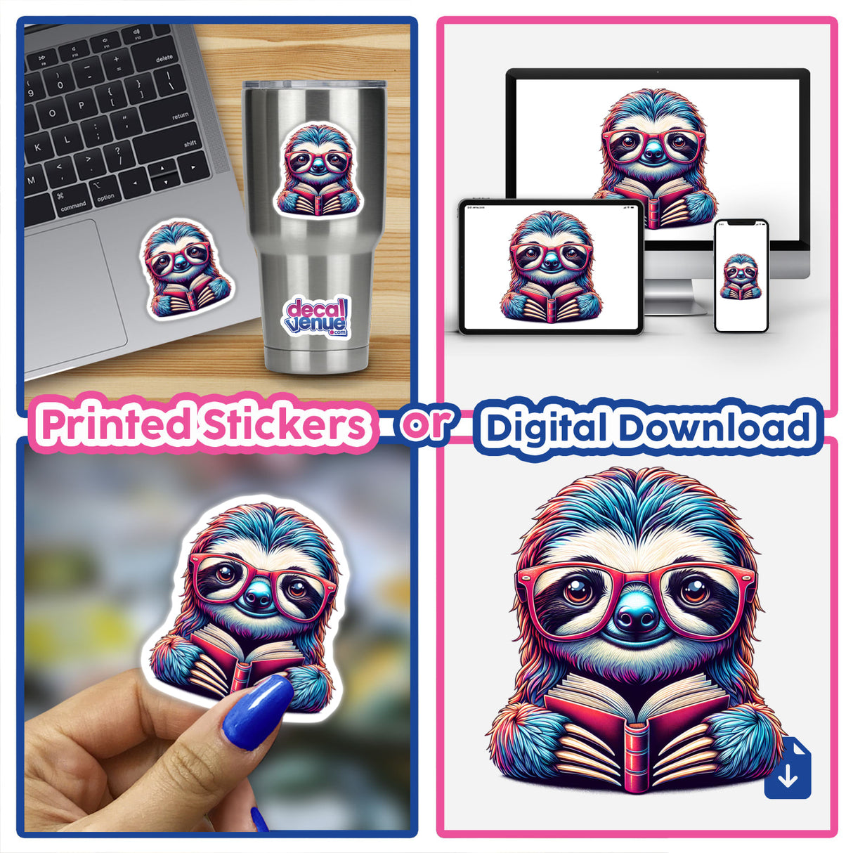 Sloth With Reading Glasses Open Book sticker featuring a cartoon sloth wearing glasses and reading. Available as a vinyl sticker or digital artwork, perfect for decorating laptops or cups.