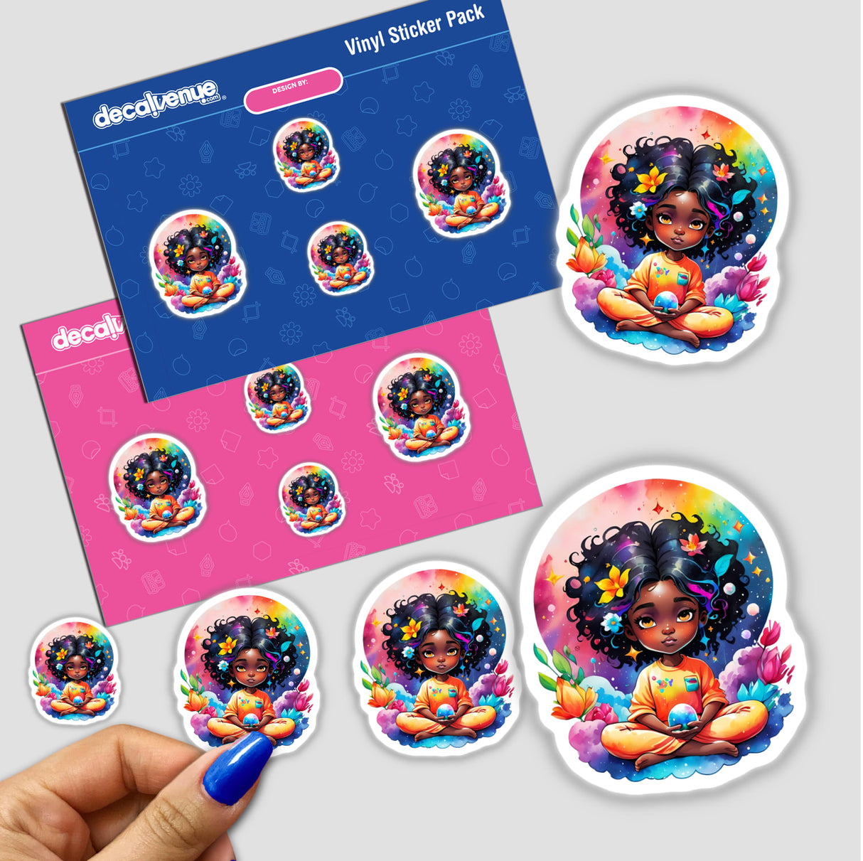 Kawaii Girl Meditating in Space: Adorable Sticker Design featuring a cartoon girl in a lotus pose, available as individual stickers or in a sticker pack.