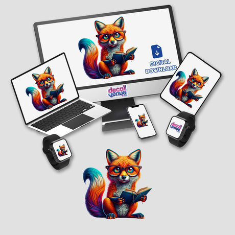 Fox With Reading Glasses Open Book depicted on a computer monitor and laptop screen, available as stickers or digital artwork from Decal Venue.