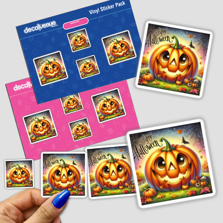 Bronze Halloween Series 4 features stickers of smiling pumpkins, including close-ups of cartoon and realistic designs, and a hand holding a blue marker.