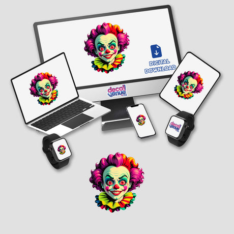 A Crazy Clown Girl depicted on a computer monitor and laptop screen, showcasing a cartoonish clown face, available as unique stickers or digital artwork from Decal Venue.