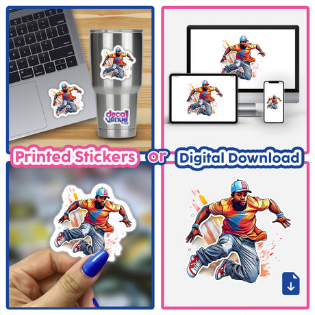 Energetic superhero figure in dynamic jumping pose, displayed on laptop, phone, tumbler, and as a printed sticker, showcasing the versatile artwork from the Decal Venue store.