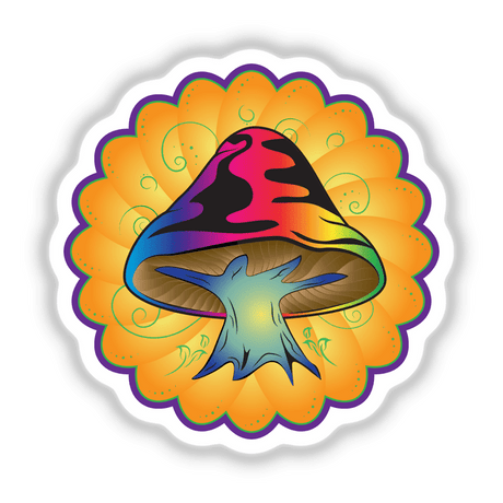 Colorful psychedelic mushroom digital artwork with vibrant swirls and patterns in an orange flower-shaped frame