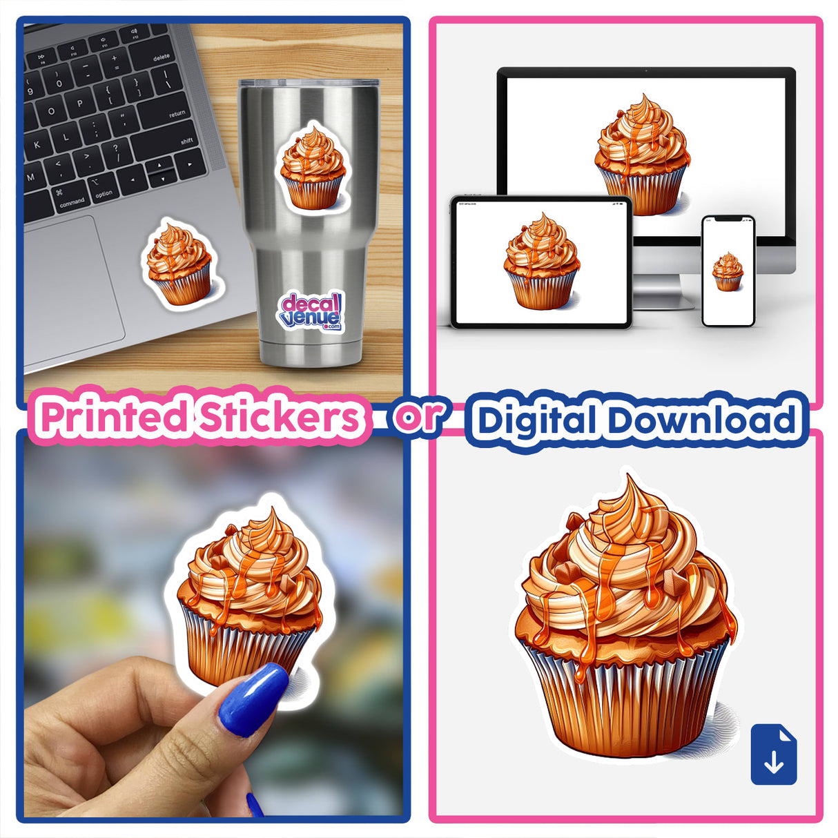 Delectable caramel cupcakes on digital devices and printed stickers, showcasing the mouthwatering dessert with its rich, swirly frosting.