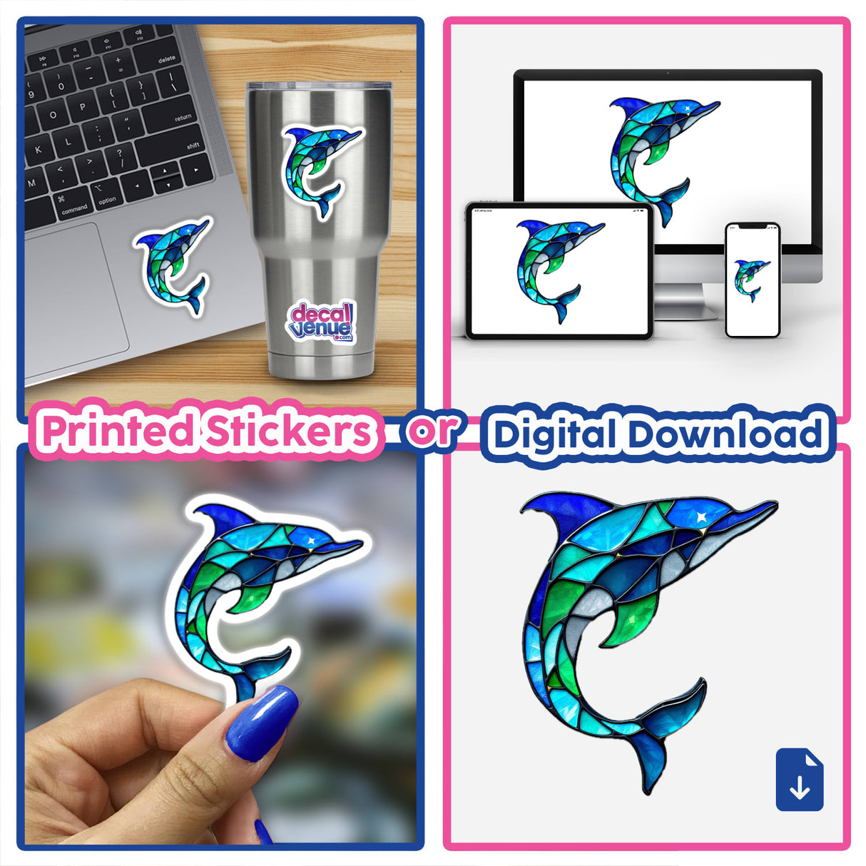 Dolphin Stained Glass Style sticker depicting a detailed stained glass dolphin, perfect for laptops or as digital artwork. Ideal for fans of unique designs from Decal Venue.