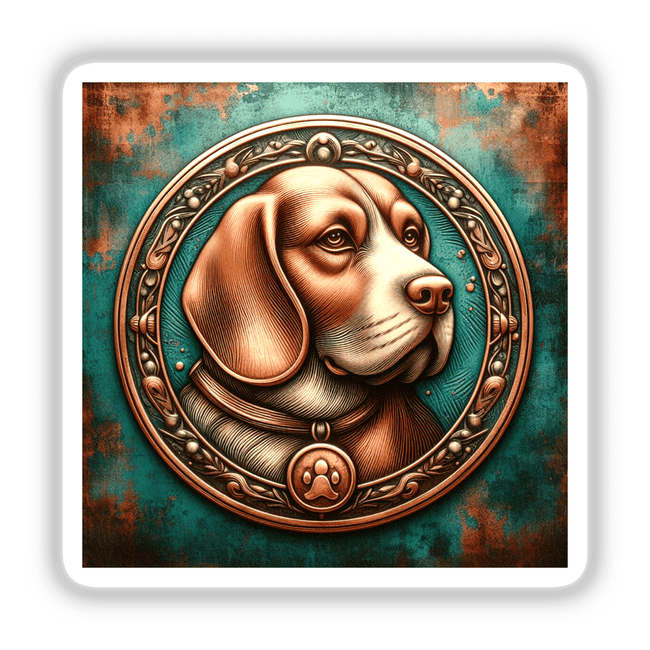 Detailed Beagle portrait in a decorative bronze-like frame against a rustic teal background, showcasing the dog's expressive eyes and distinctive features.