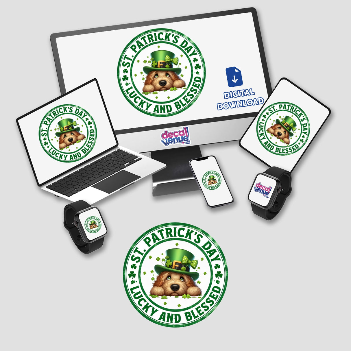 St Patricks Lucky and Blessed Goldendoodle displayed on various devices, including a laptop and phone, showcasing the design available as stickers or digital artwork from Decal Venue.