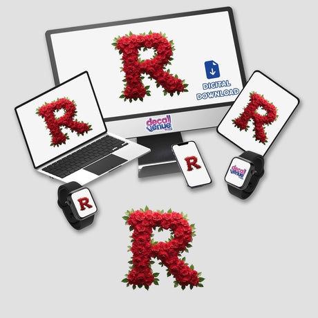 Elegant Floral Letter R Clipart: computer screen displaying a laptop, phone, and smartwatch, each showcasing a decorative letter R made of roses. Available as stickers or digital artwork from Decal Venue.