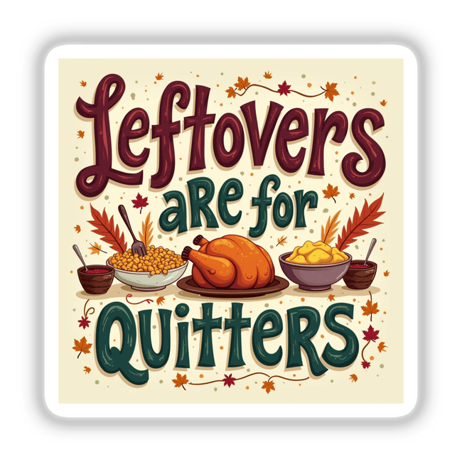 Leftovers Are for Quitters Funny Thanksgiving Sticker featuring cartoon turkey and assorted foods, ideal for Thanksgiving feast lovers. Available as stickers or digital artwork with commercial rights.