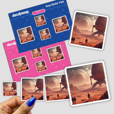 Hand holding Visit To Mars stickers featuring people walking on a desert, available as stickers or digital artwork.