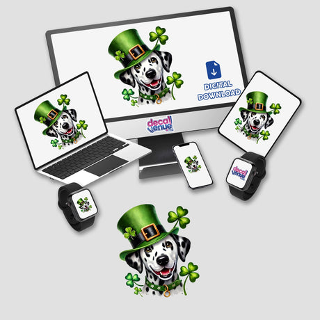 St Patricks Day Leprechaun Dalmatian Dog design featuring a dog with a green hat surrounded by clovers, available as stickers or digital artwork.