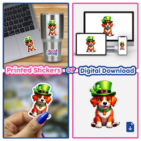 Collage featuring 'St. Patrick's Day Puppy' stickers and digital artwork, showcasing a cartoon dog with a green hat. Ideal for adorning laptops and cups, highlighting Decal Venue's unique sticker collection.