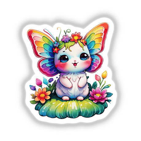 Whimsical Butterfly Creature: A cartoon animal with rainbow wings and flowers, available as stickers or digital artwork.