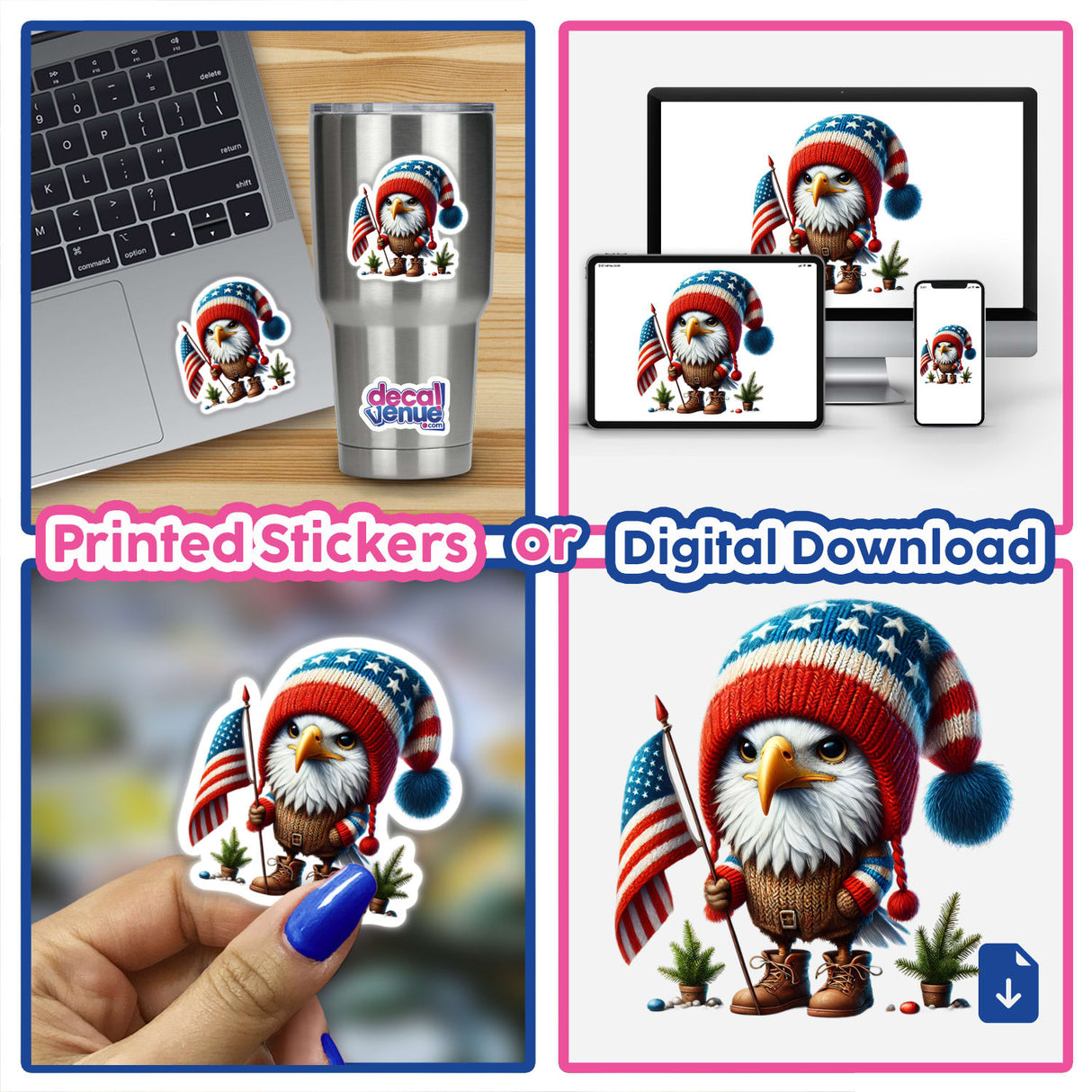 Patriotic Eagle Gnome with USA Flag - Colorful digital artwork featuring a whimsical gnome wearing a patriotic hat and holding an American flag, displayed on various digital devices.