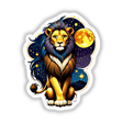 Cool Lion With A Starry Night: Illustration of a lion with a blue mane amidst a starry night, featuring a moon and stars. Available as stickers or digital artwork from Decal Venue.