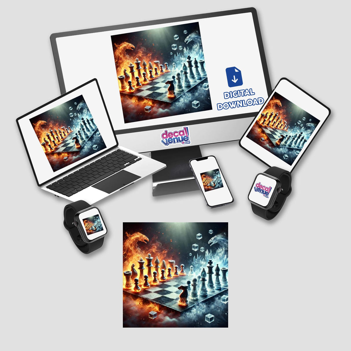 Battle of Elements - Chessboard with Pieces Made of Fire and Ice displayed on a laptop screen. Available as Stickers or Digital Artwork.