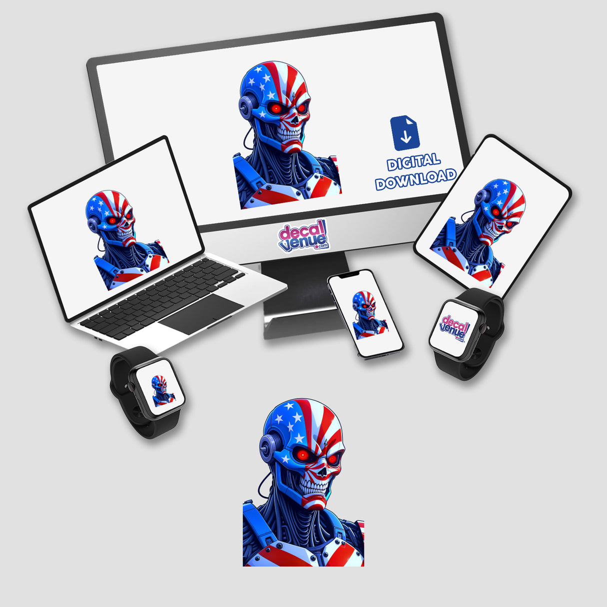 A Cool American Flag Army Cyborg displayed on a computer monitor and laptop, available as stickers or digital artwork, featuring a robot with flag-themed details.