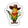 Milho Pistola: A cartoon corn cob character wearing a hat and red bandana, holding a gun, available as stickers or digital artwork.