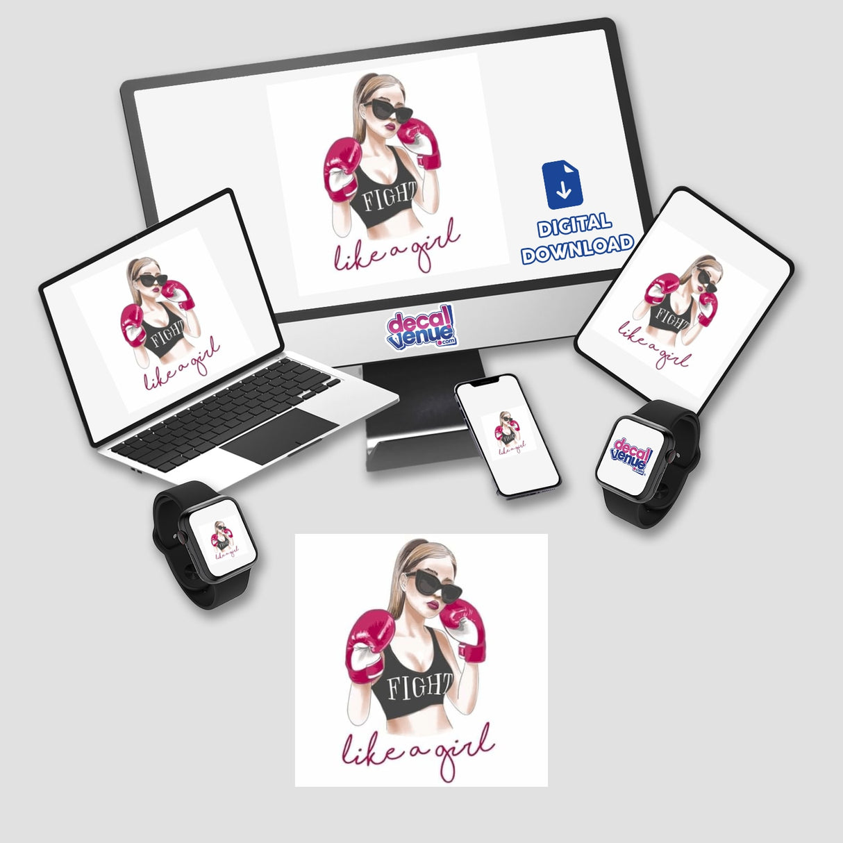 Gold Breast Cancer Series 14: A digital artwork featuring a woman with boxing gloves displayed on a computer monitor and laptop. Available as stickers or digital art.