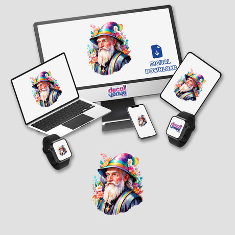 Sticker Design: Portrait of a Magical Wizard Wearing a Wizard Hat displayed on a computer monitor and laptop screen showing a digitally illustrated wizard with a long white beard and a hat with flowers.