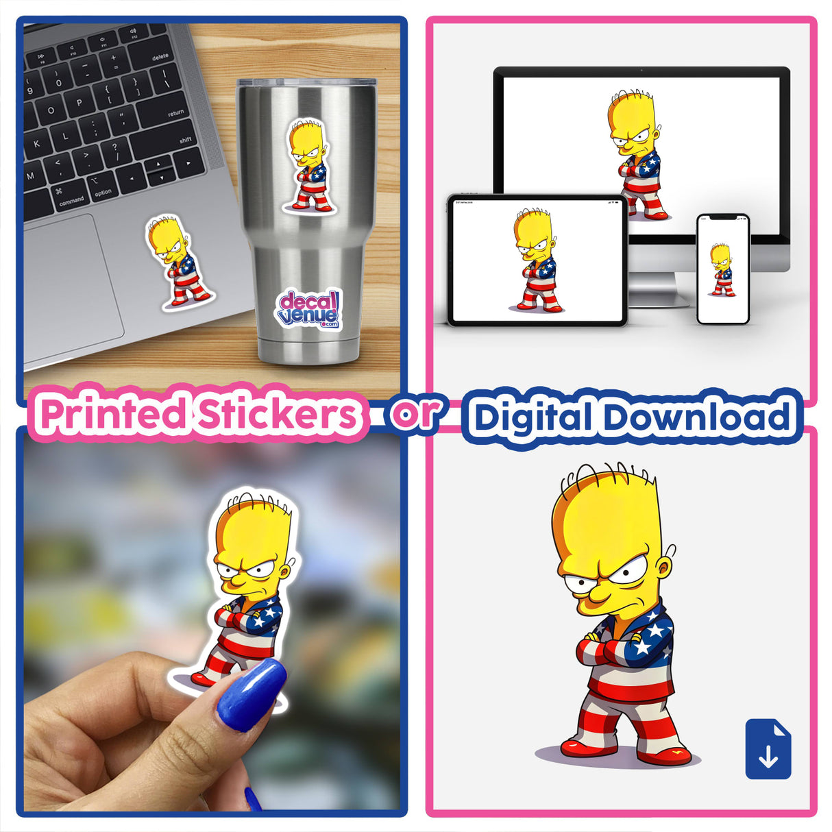 A collage featuring a cartoon character titled A Funny Guy With An American Flag Outfit, available as vinyl stickers or digital artwork from Decal Venue.