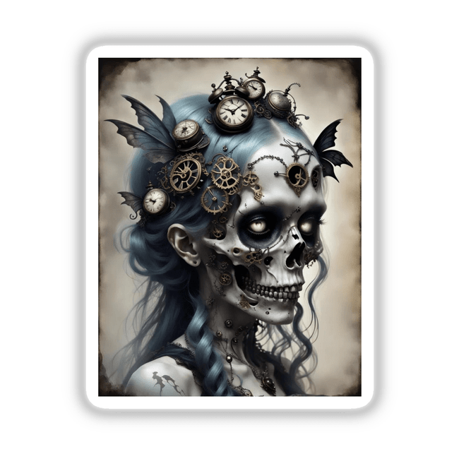 Zombie Skeleton with Clocks: Artwork featuring a woman with a skull face and multiple clocks, available as stickers or digital art.