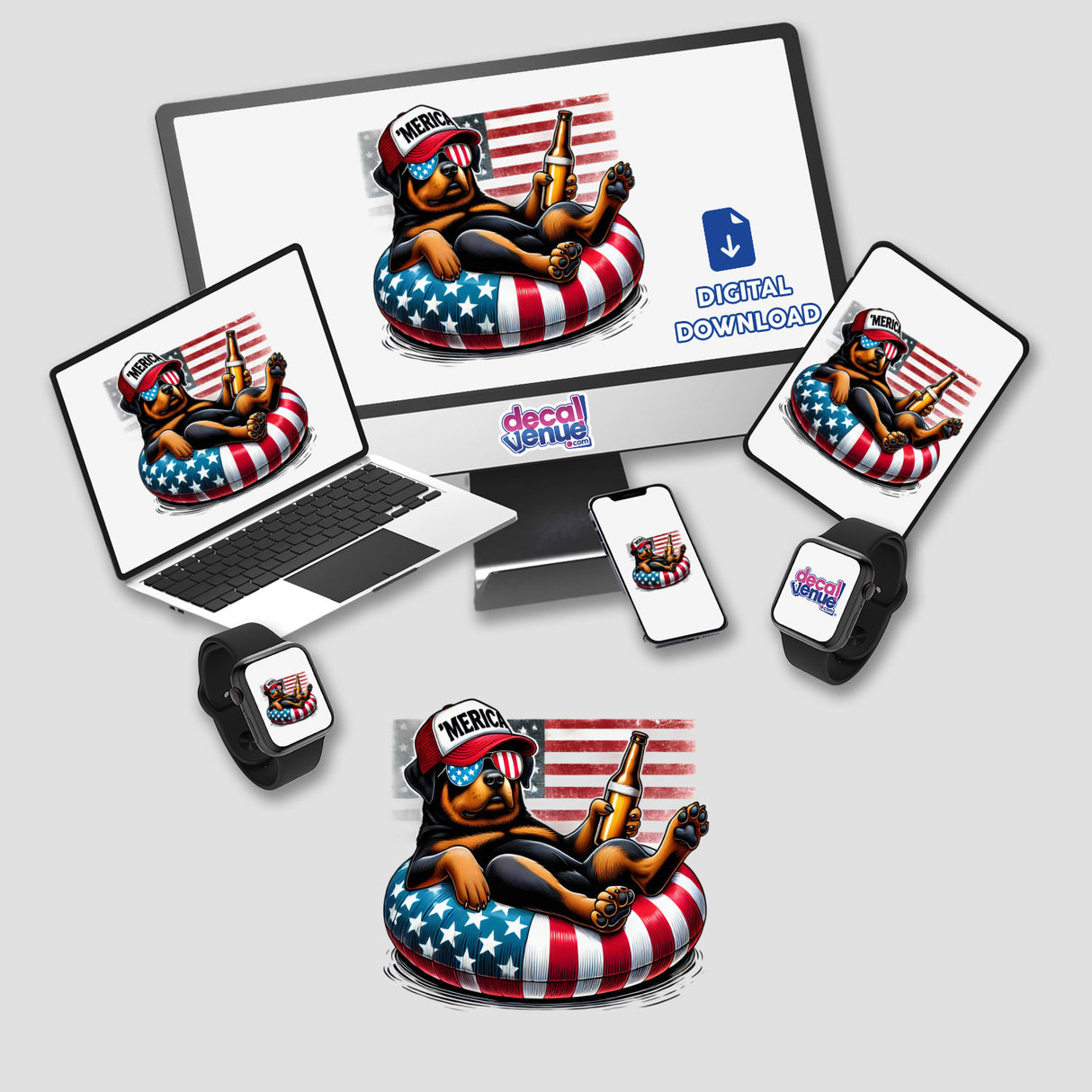 Playful Rottweiler dog in patriotic American flag inner tube, digital artwork by DecalVenue